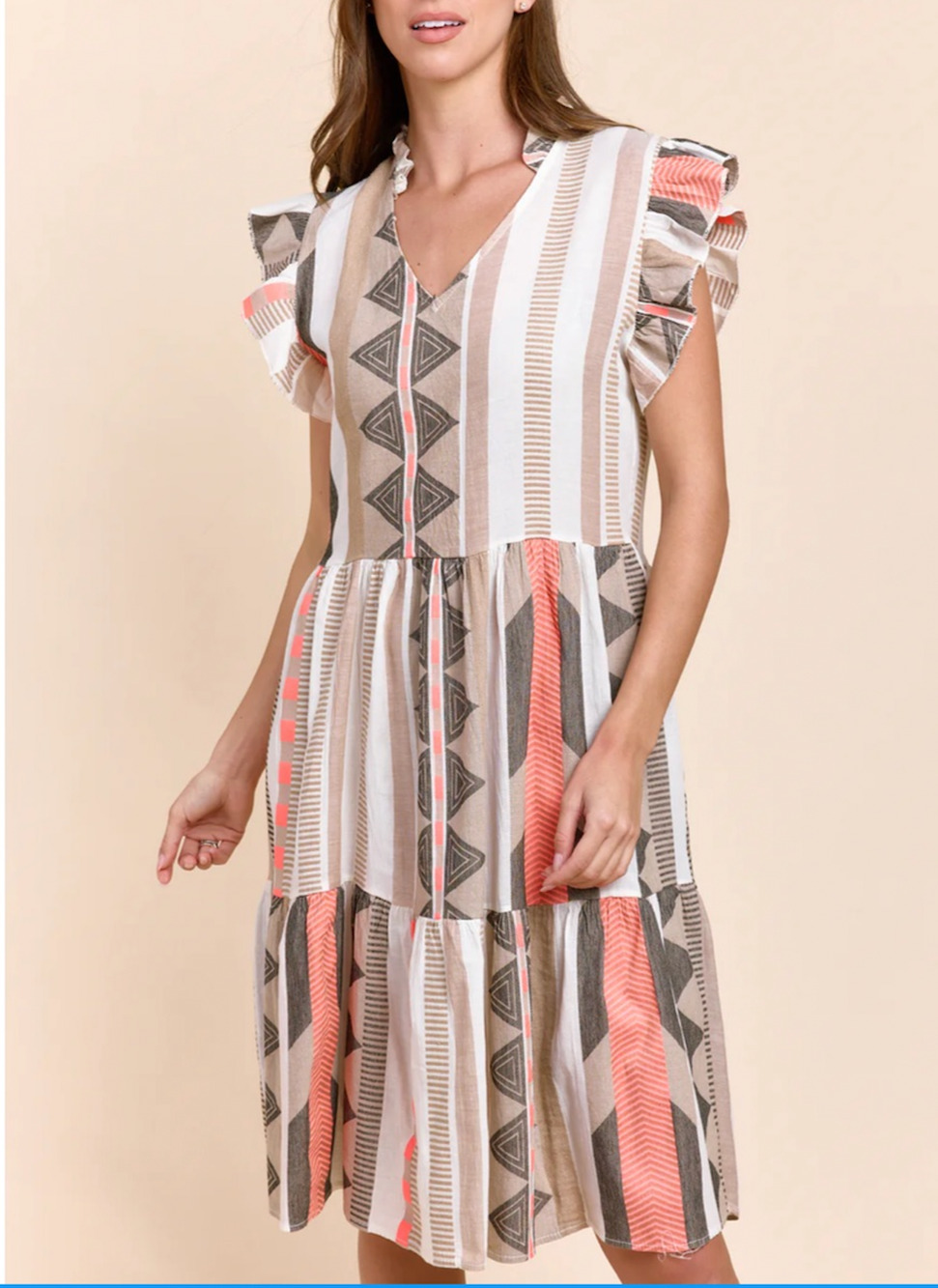 Sofia Made in Italy Bright Geometric aztec print summer Midi Dress with ruffle
